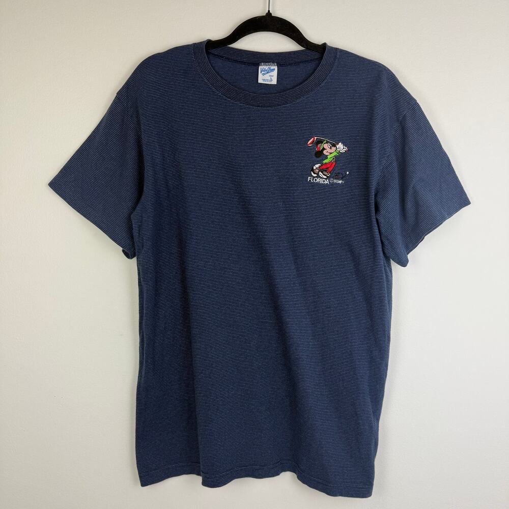 Vintage Velva Sheen Adult Mickey Mouse Disney Florida Stripe Navy T-Shirt Large